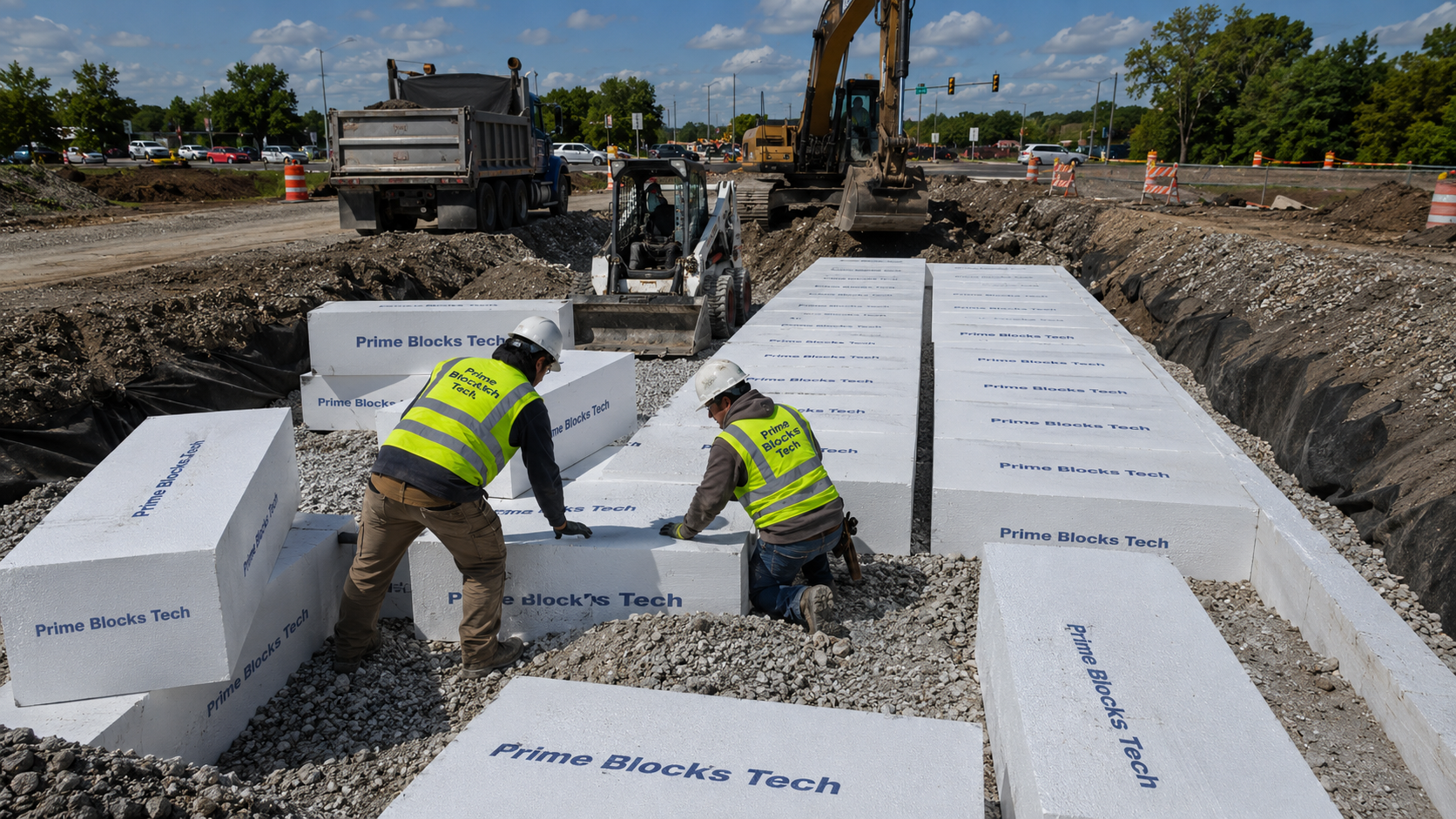 EPS Geofoam roadway embankment blocks installed over soft soils at a road intersection